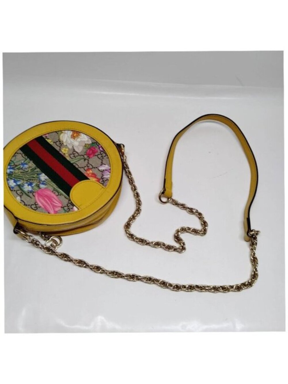 Authentic Gucci Ophidia Flora Round Mini Crossbody Bag Yellow Leather GG Supreme - Picture 6 of 16